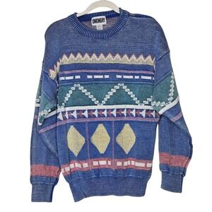 Unionbay Vintage 90s 80s Faded Pattern Knit Sweater‎ Crewneck Pullover Blue XL